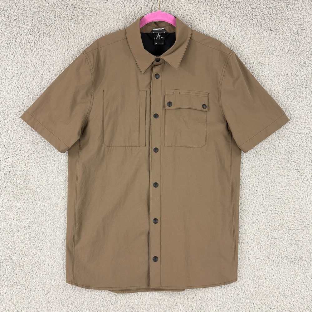 AETHER Shirt Men M Brown Technical Utility Snap Button Down Short Sleeve Outdoor